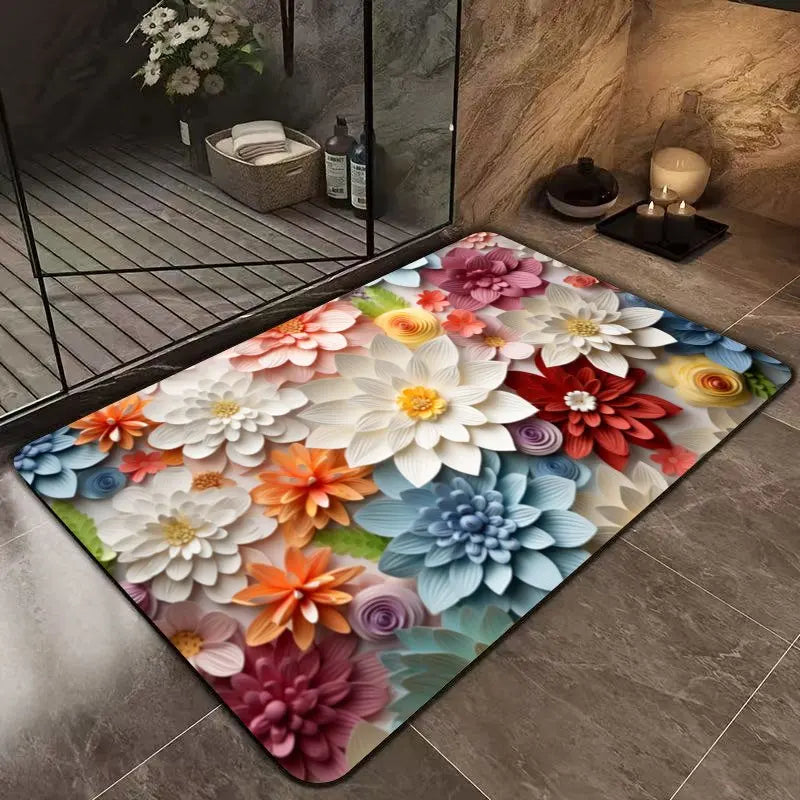 Multi-color floral print design bathroom mat