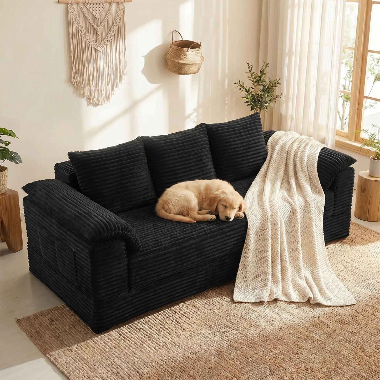 Oversized Black Striped Corduroy Sofa
