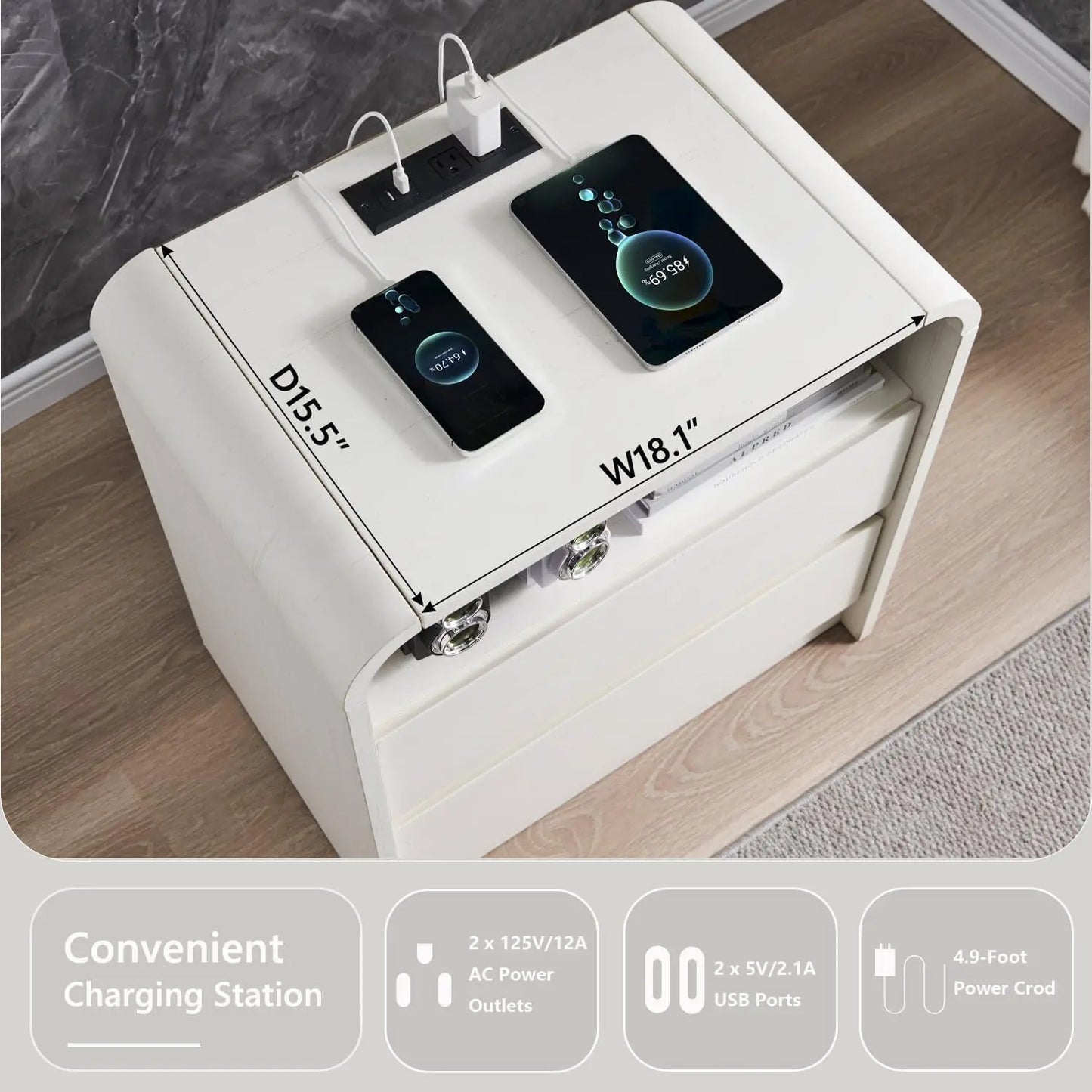 Tall Modern Nightstand with Charging Station