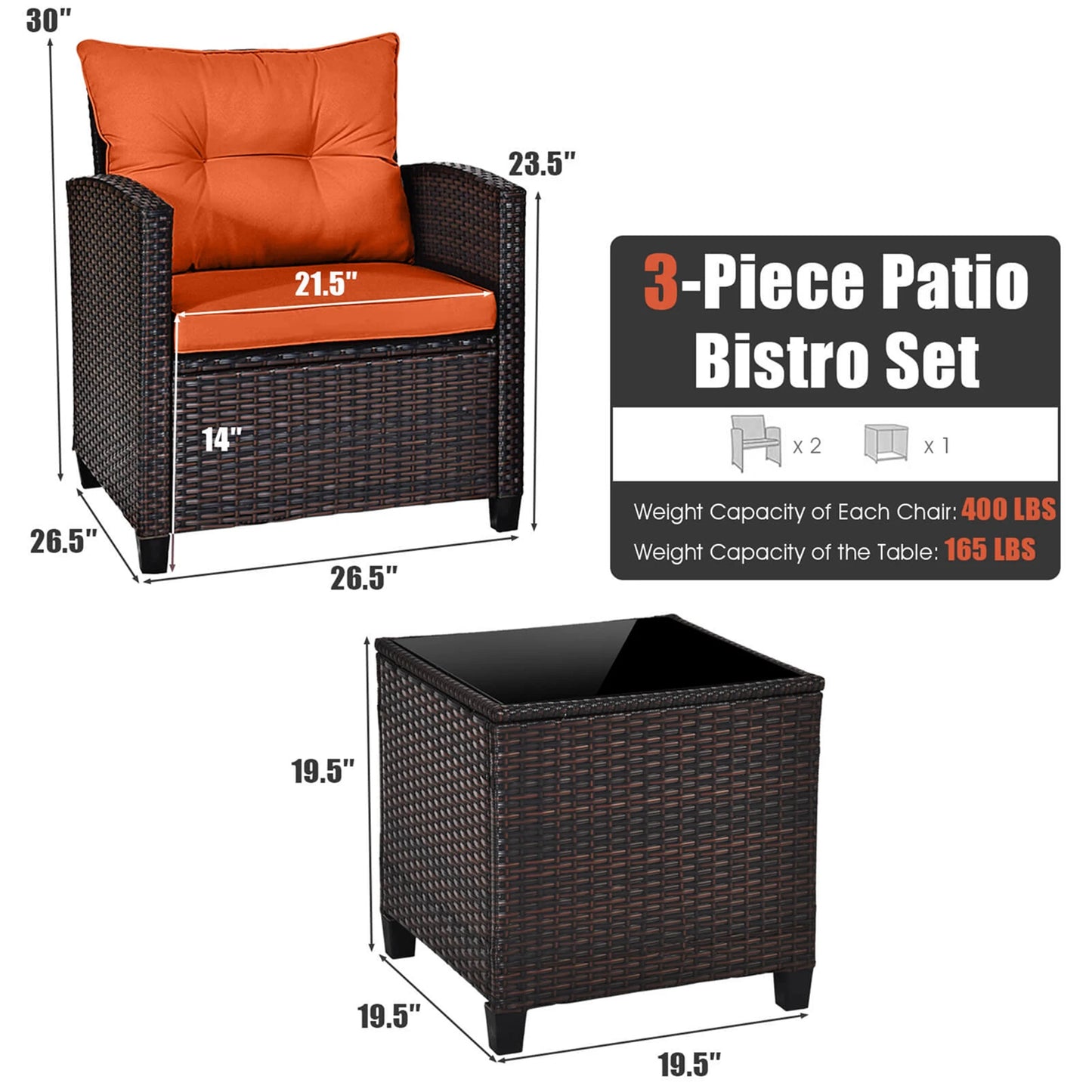 3 PC Patio Rattan Furniture Set