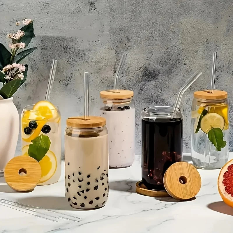 6pcs Drinking Glasses with Bamboo Lids and Glass Straw