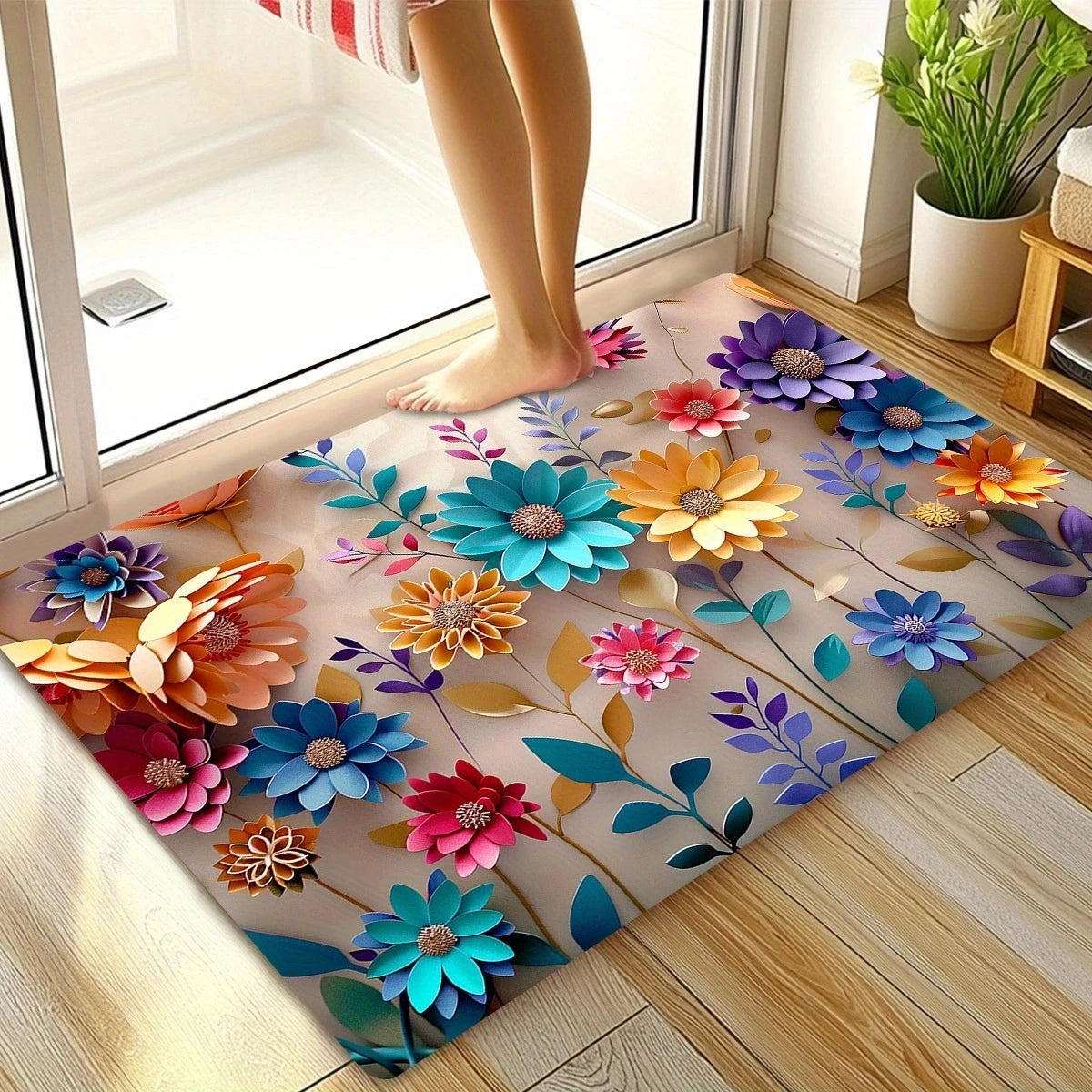 Multi-color floral print design bathroom mat
