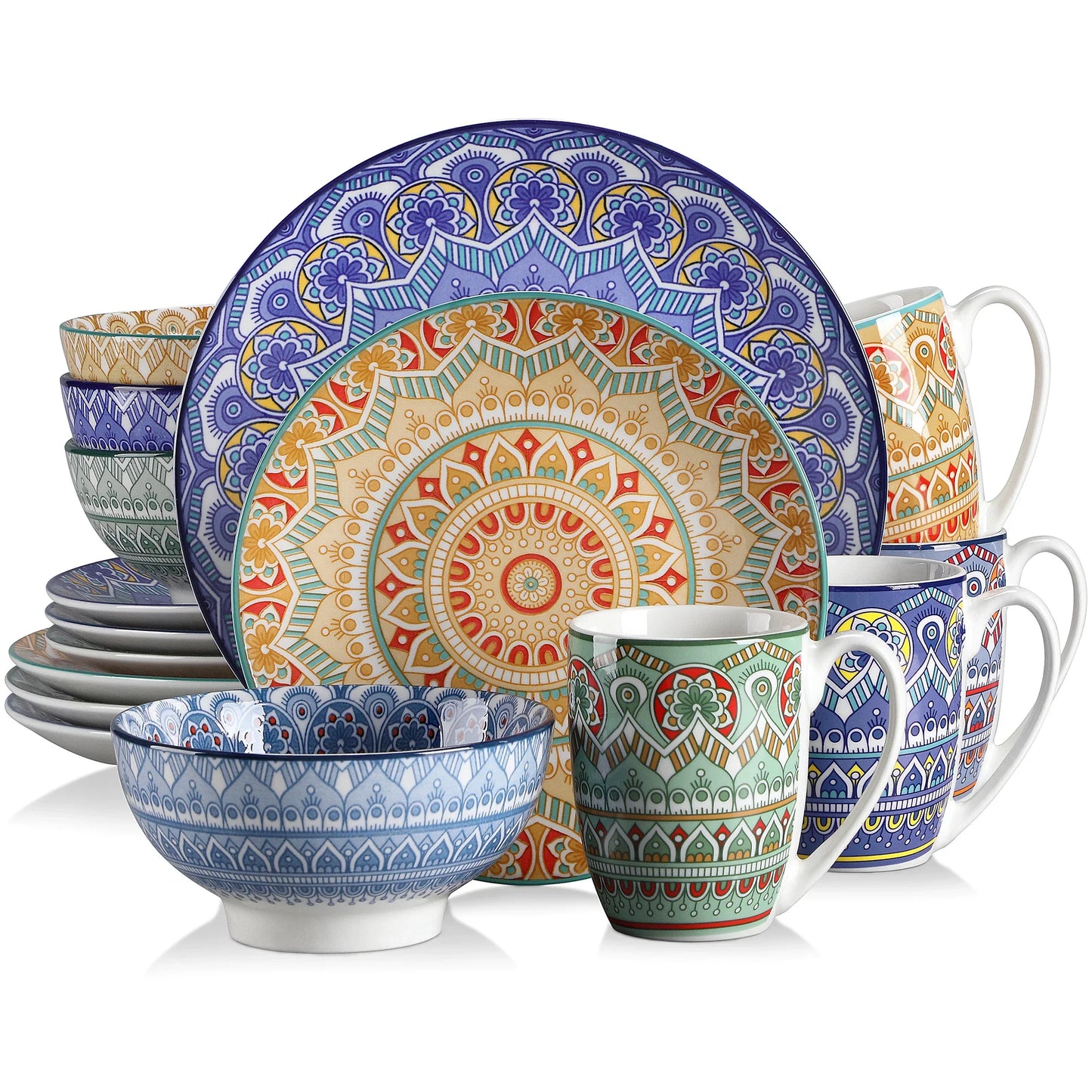 16 Pc Bohemian Mandala Patterned Ceramic Tableware Set