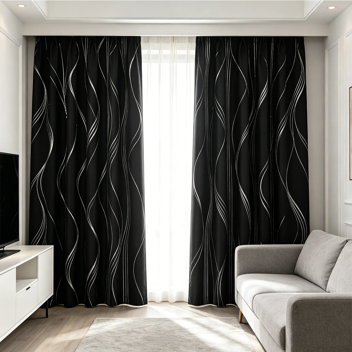 100% Blackout Curtains Silver Wave Foil Pattern