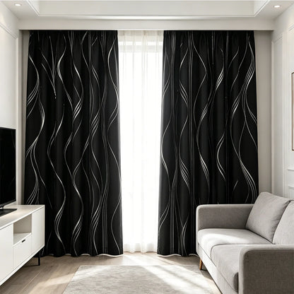 100% Blackout Curtains Silver Wave Foil Pattern