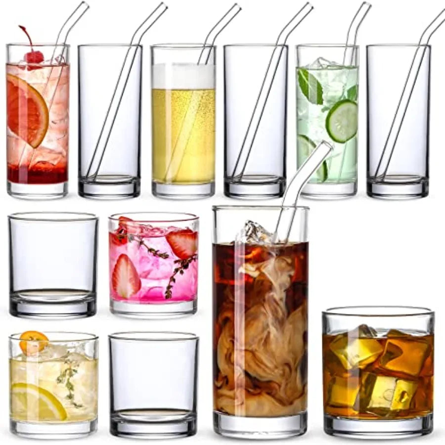12 Pack Glass Cups with Glass Straws