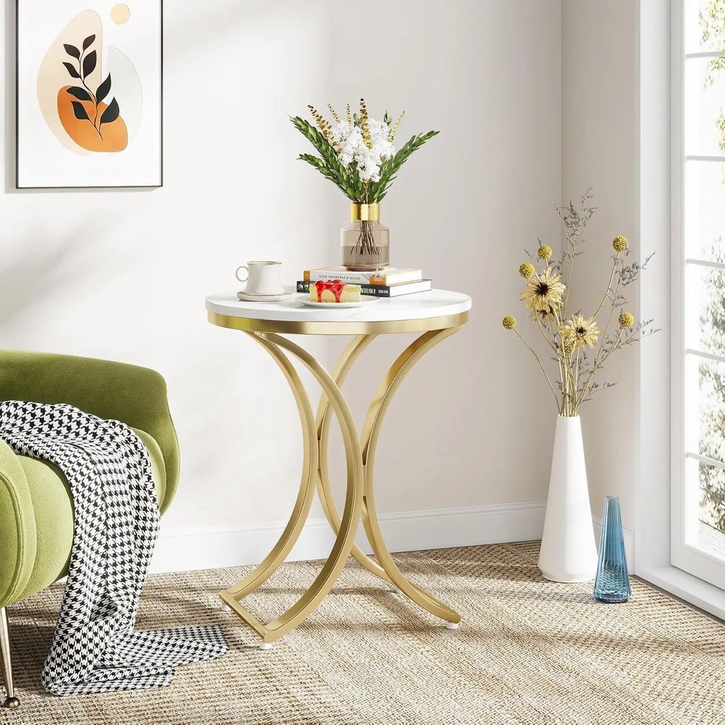 Modern Faux Marble White and Gold End Table