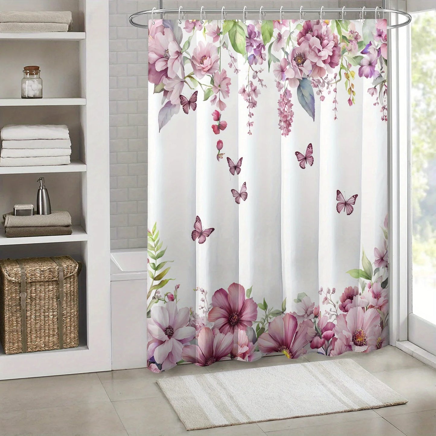 1pc butterfly pink floral print shower curtain,