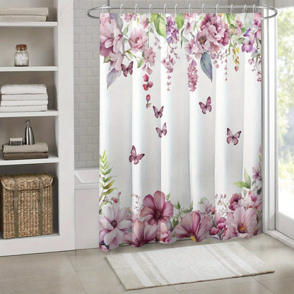 1pc butterfly pink floral print shower curtain,