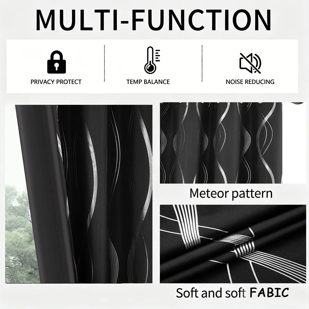 100% Blackout Curtains Silver Wave Foil Pattern