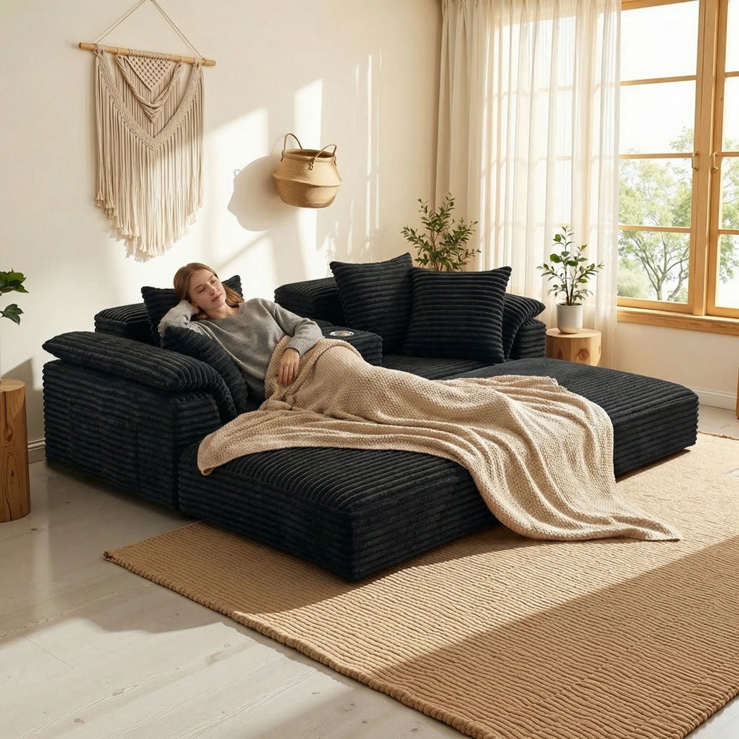 Oversized Black Striped Corduroy Sofa