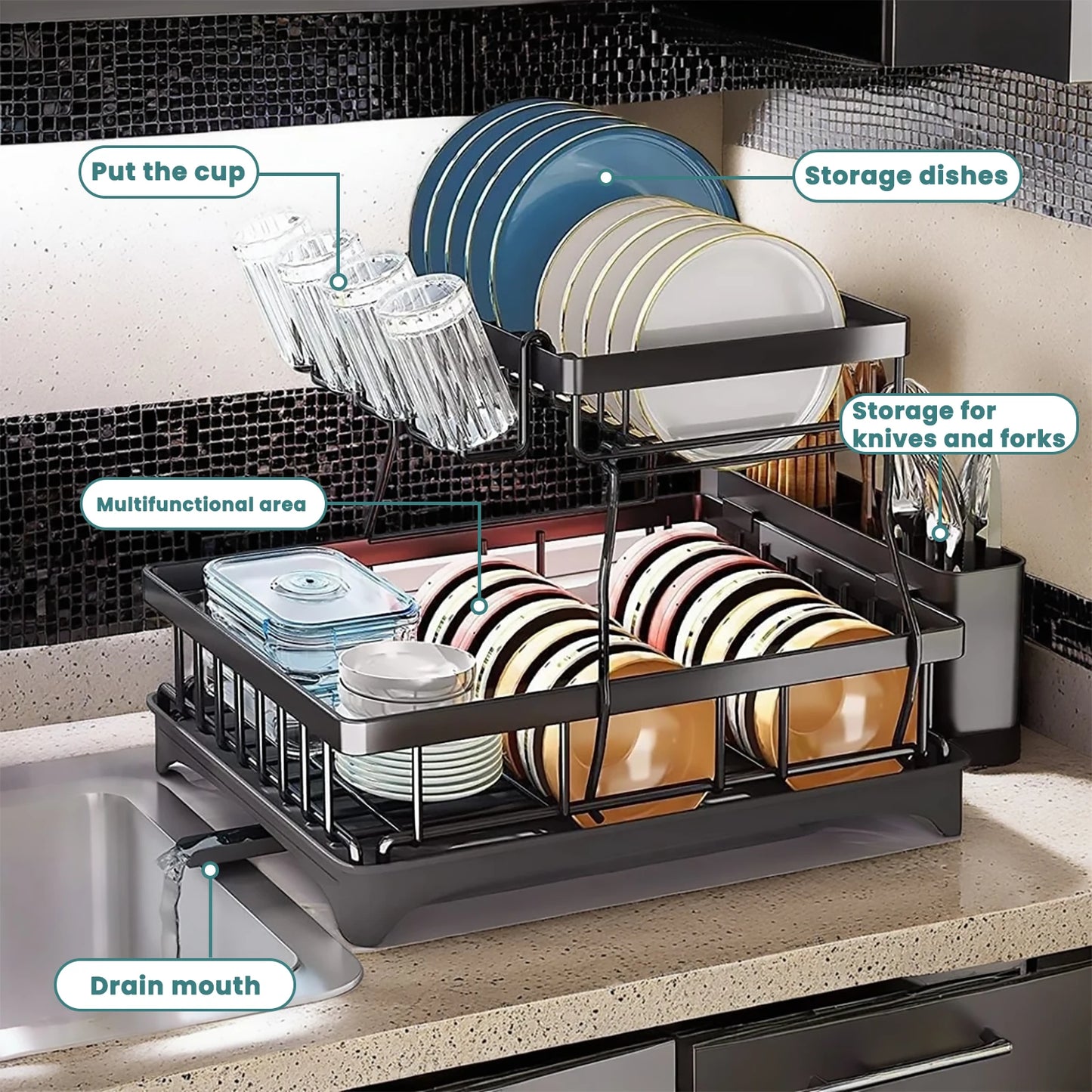 Large 2-tier dish drying rack for kitchen